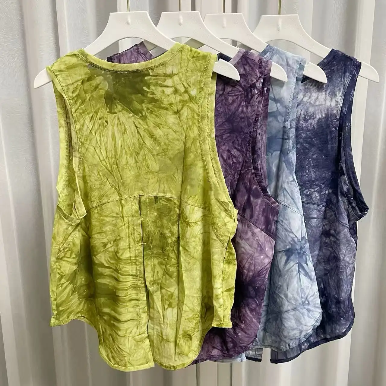 Running Outerwear Cover Quick-Dry Tie-Dye Mesh Yoga Vest Sleeveless T-Shirt Back-Slit Loose-Fit Women’s Sports Top