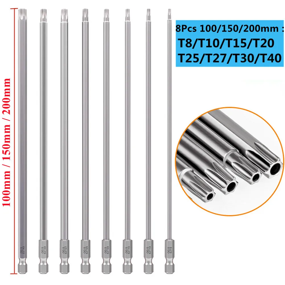 8Pcs Torx Screwdriver Bit 1/4\'\' Shank Hex Wind Drill Head 100mm 150mm Screw Wrench Magnetic Star T8 T10 T15 T20 T25 T27 T30 T40