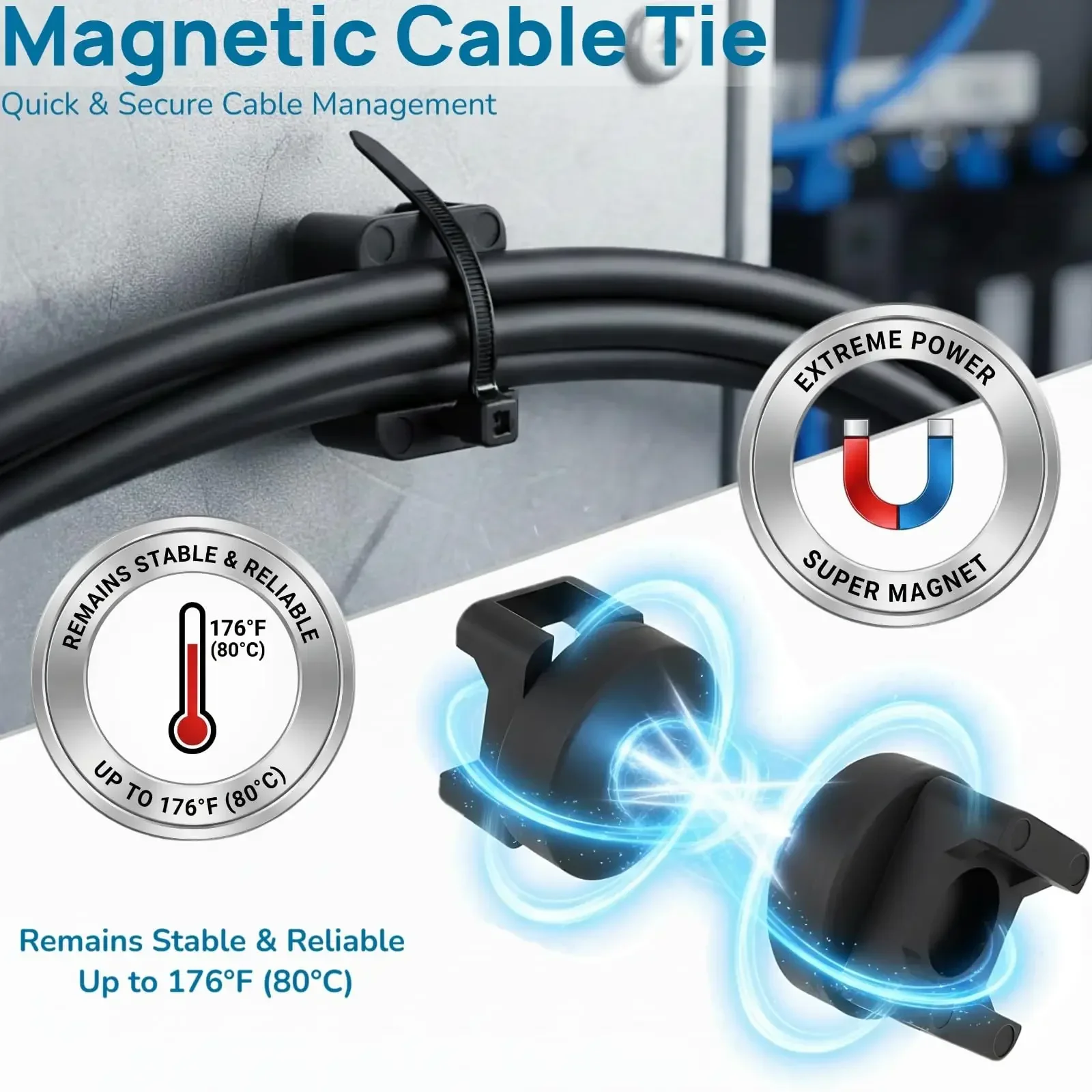Magnetic Cable Zip Tie Mount Kit Charging Cord Organizer Multifunctional Holder with Ties for Wall Work Organization