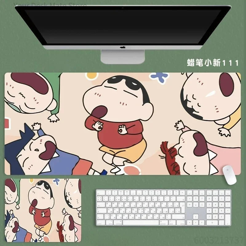 Anime Crayon Shin‑chan Large Mousepad, Rubber Non‑Slip Stitched Edges Desk Mat, Cute Cartoon Drawing Style Extended Keyboard Mou