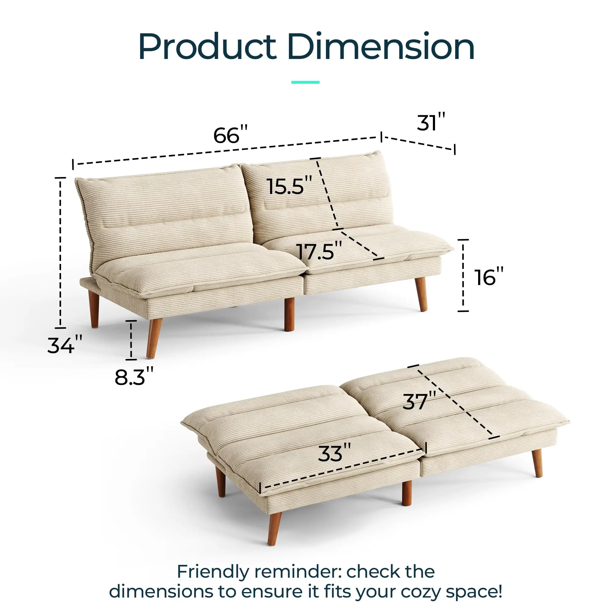 Futon a Bed, Corduroy Futon Couch with 3-Position Adjustable Backrest, Convertible a Bed Loveseat, Small Couches for