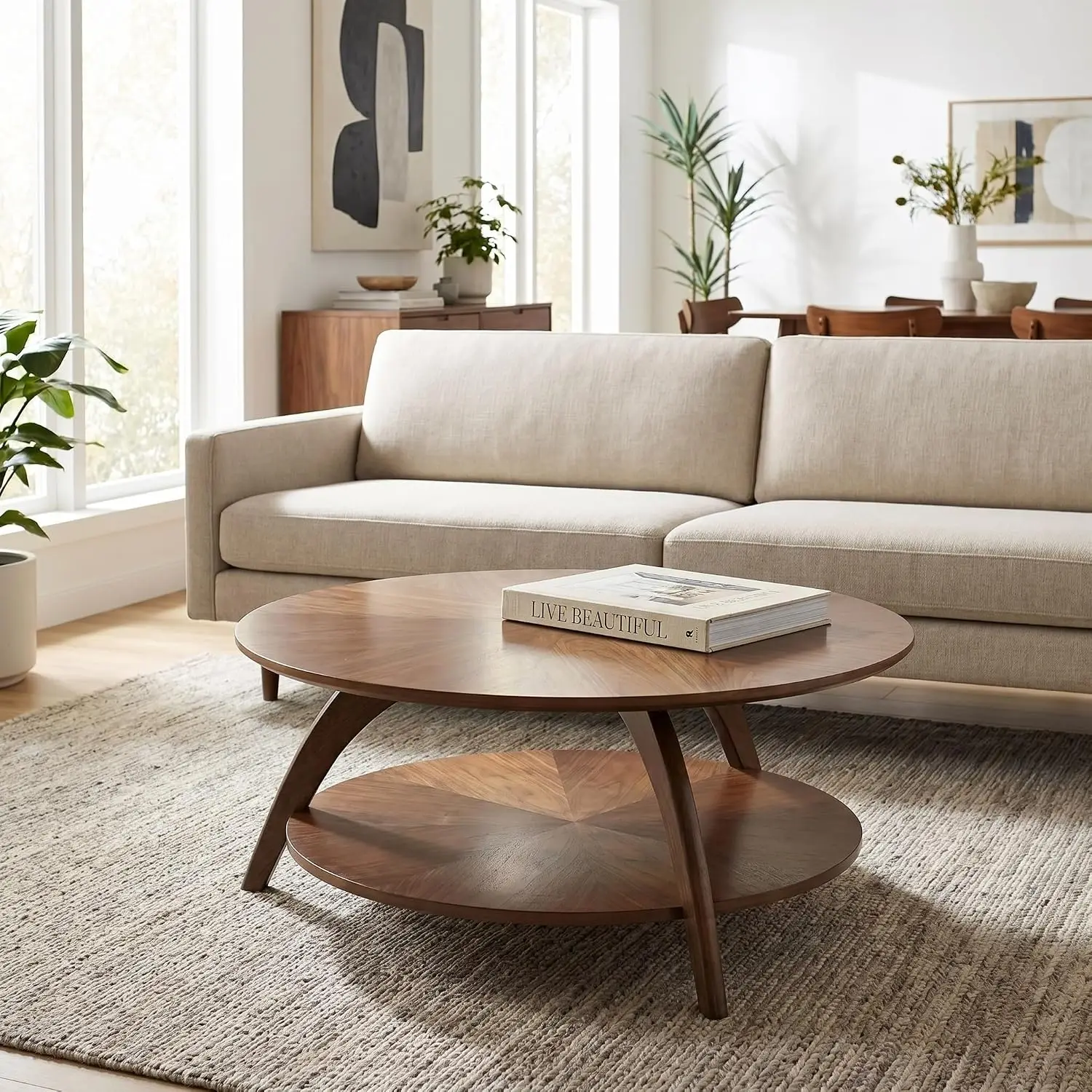 Mid Century Round Wood Coffee Table Walnut Brown Living Room 40cm, Customized