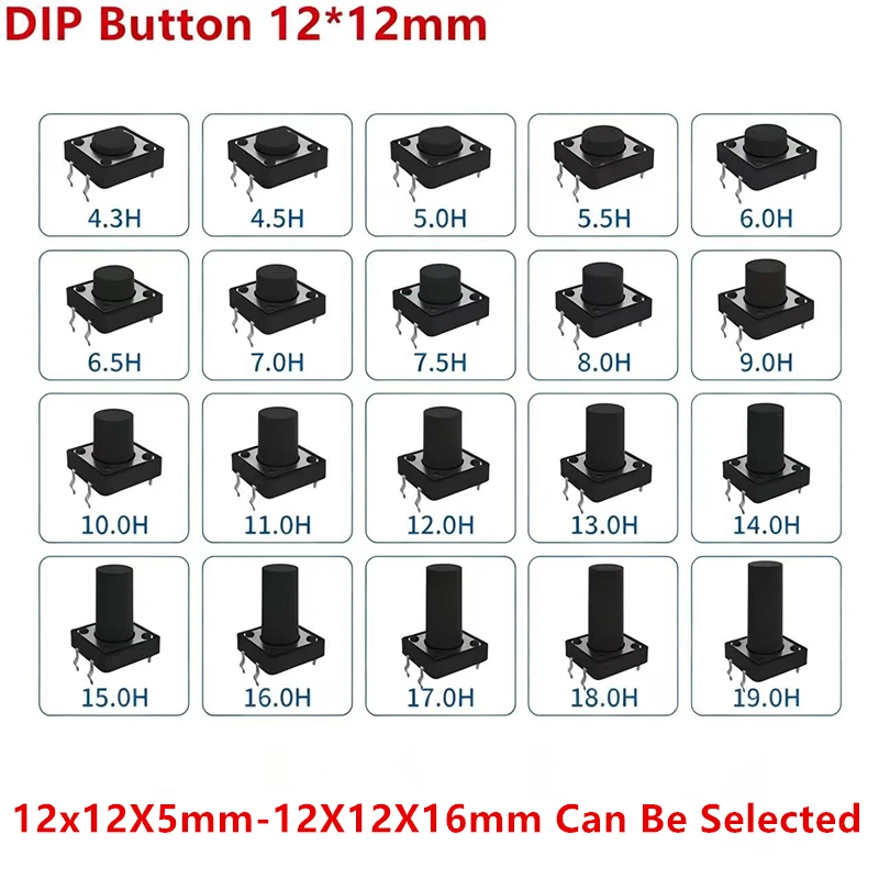 20Pcs Panel PCB On Off Momentary Tactile Tact Micro Mini Switch Push Button DC 12V 4 Pin DIP 12x12 H=5/6/7/8/9/10/12/13/15/16mm