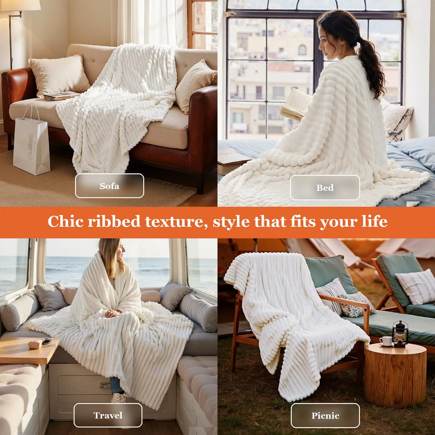 Fleece Blanket Soft Cozy Warm Throw for Bed Couch Sofa Off White Plush Winter Christmas Birthday Gift Women Girls Mom Her