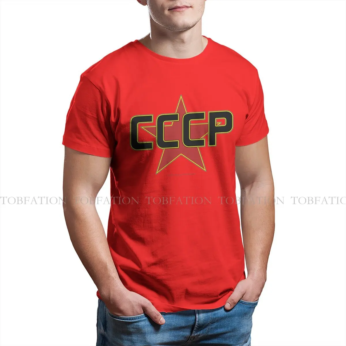 Russian USSR CCCP Creative TShirt for Men Over The Red Star  Round Neck Pure Cotton T Shirt Birthday Gifts Streetwear