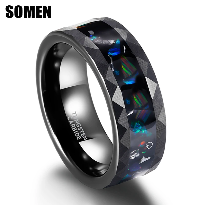 Somen 8mm Tungsten Carbide Men\'s Ring Wedding Engagement Rings For Men Opal and Metal Slag inlay Hammered Fashion Jewelry Gift