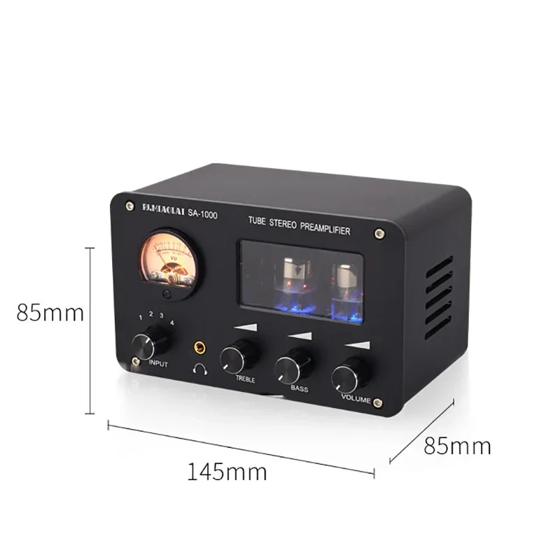 Audiophile Tube Preamp 4-input 2-output HIFI Preamp with Built-in VU Level Meter High-bass Adjustment Headphone Amplifier