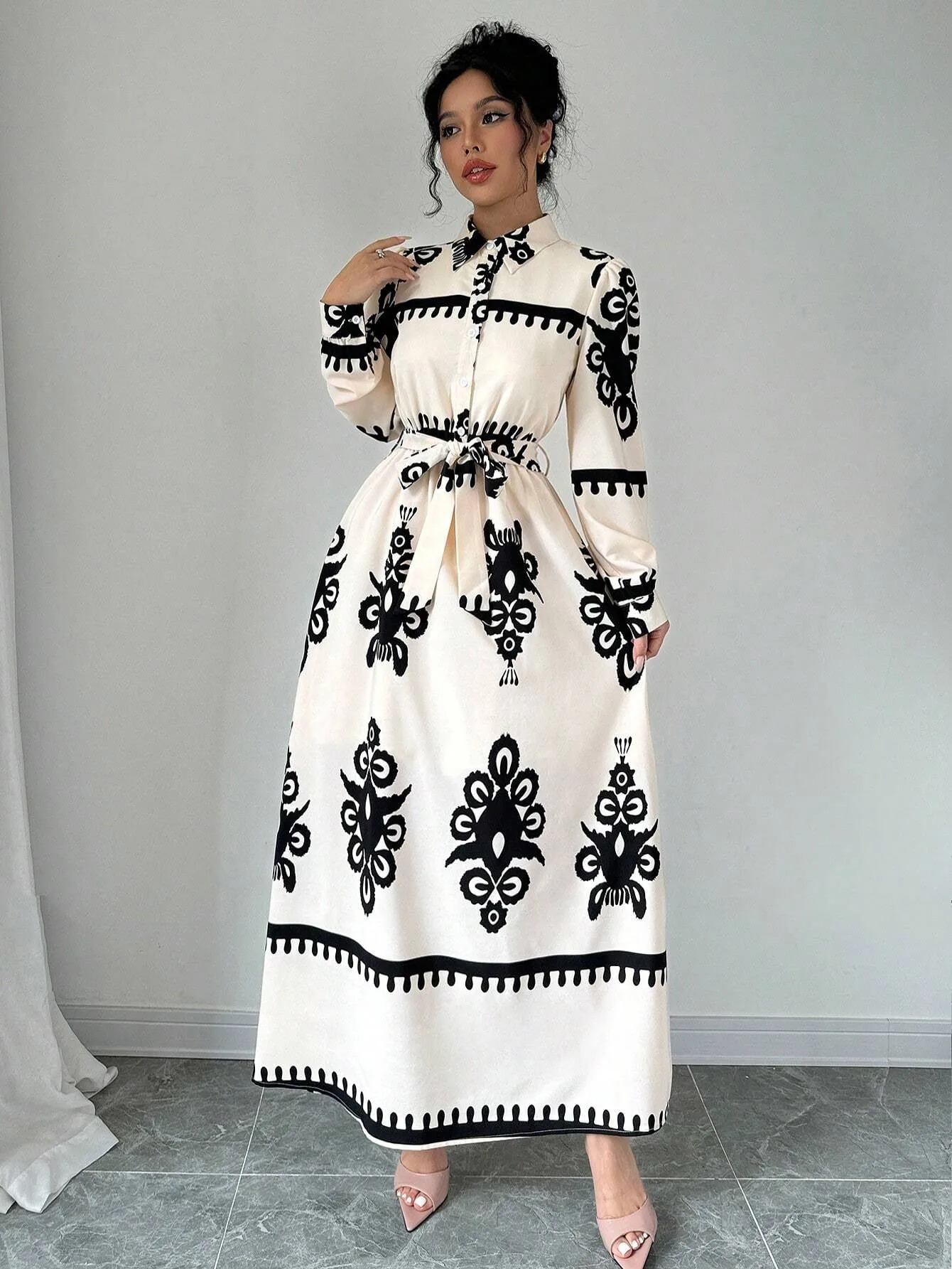 Women\'s Fashion Spring Autumn Print Long Dress Lace Up Long Sleeve A-line Slim Turn-Down Collar Casual Party Ladies Dress