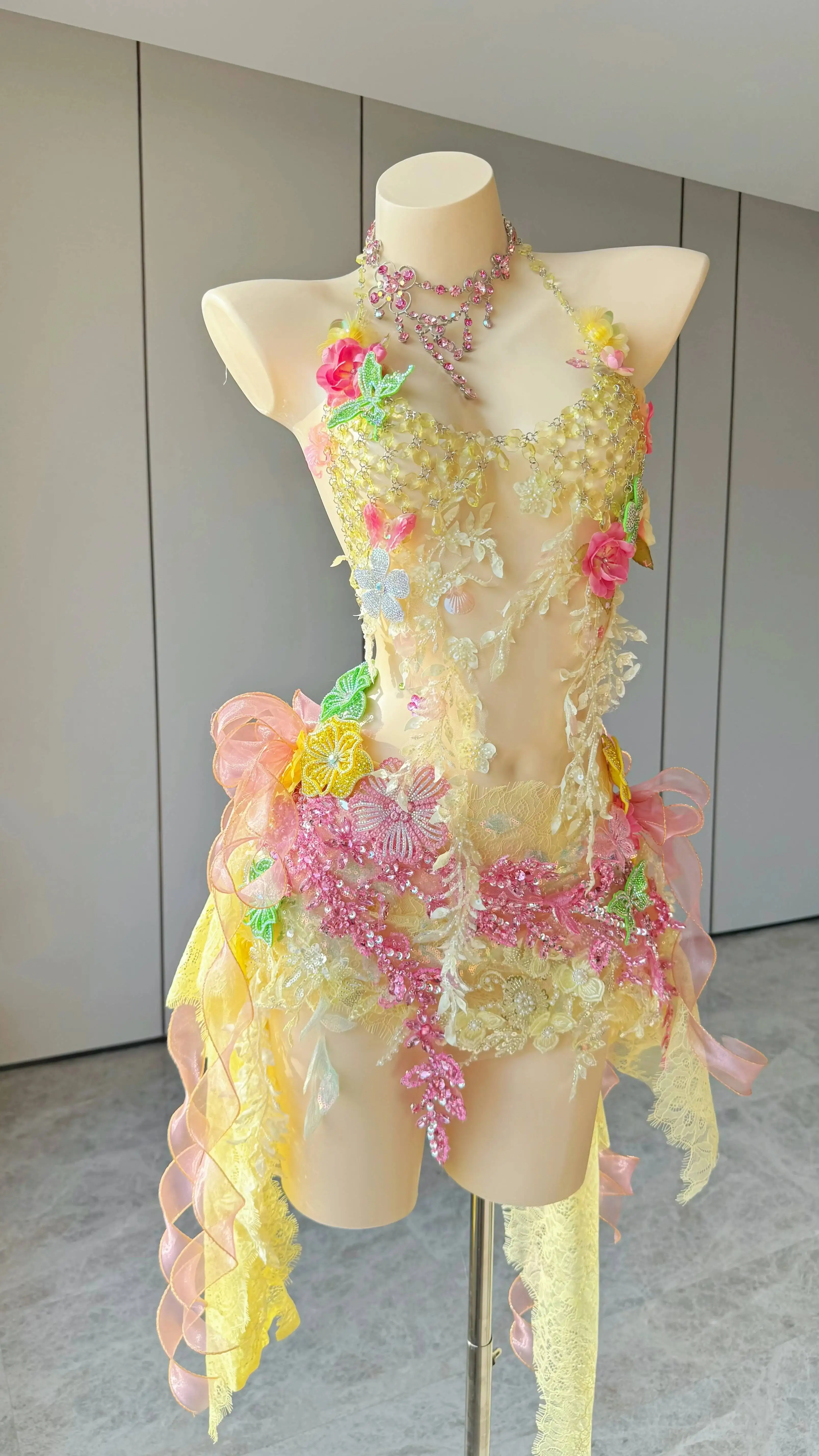 ZIWU Design Milk And Peach Dress  Fantasy Butterfly Ribbon Skirt And Belt Pure Erotic Set