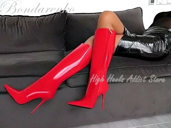 

Side Zipper Stilettos Glossy Leather Knee High Boots Women High Heeled Pointed Toe Long Boots Sexy Party Shoes Plus Size