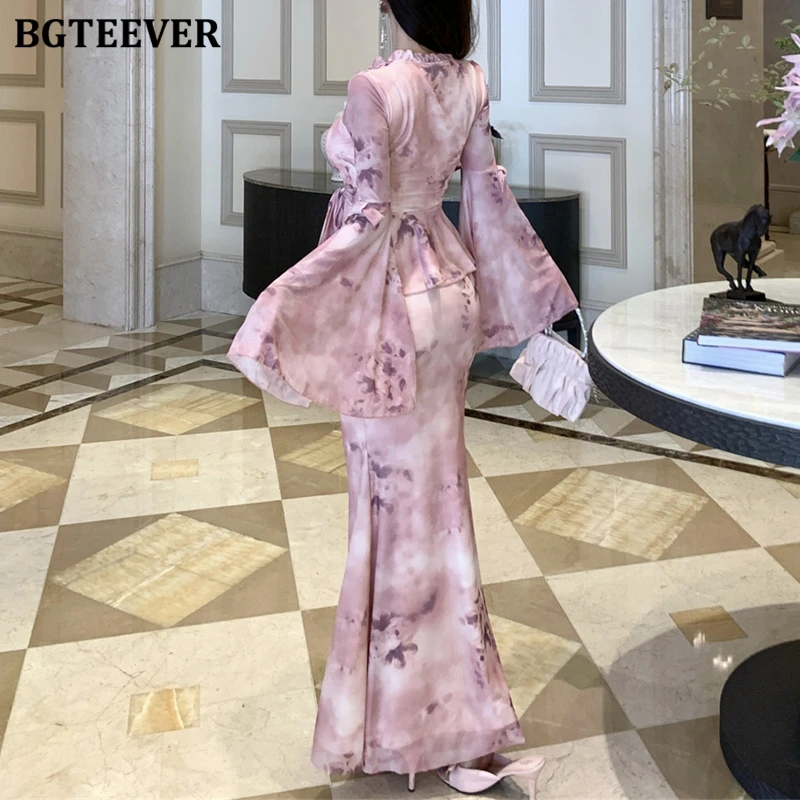 BGTEEVER Elegant Slim Ladies 2 Pieces Floral Skirt Set Long Sleeve V-neck Lace-up Pullovers & Package Hip Skirts Women Outfits