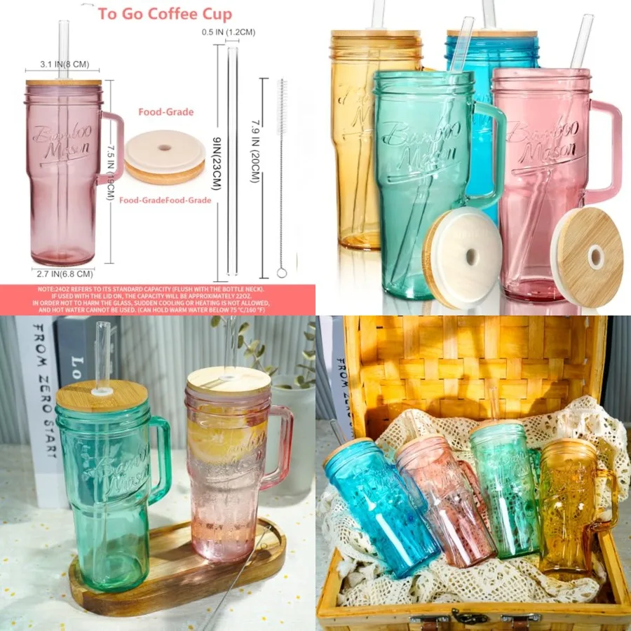 

Colored Glass Cups with Handle Set of, oz Glass Cups with Lids and Straws Travel Coffee Mug Bamboo Mason Jar Iced Cup Smoothie