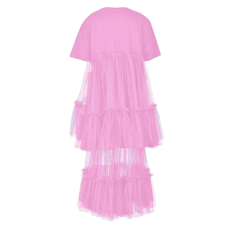 Mulheres camadas pretas malha vestido longo novo em torno do pescoço manga curta solto ajuste moda maré primavera verão