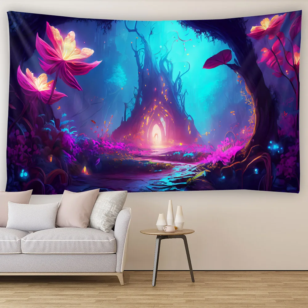 Psychedelic Forest Fabric Mural Luminous Tapestry Fairy Tale Magical Landscape Wall Hanging for Bedroom Dormitory Decoration