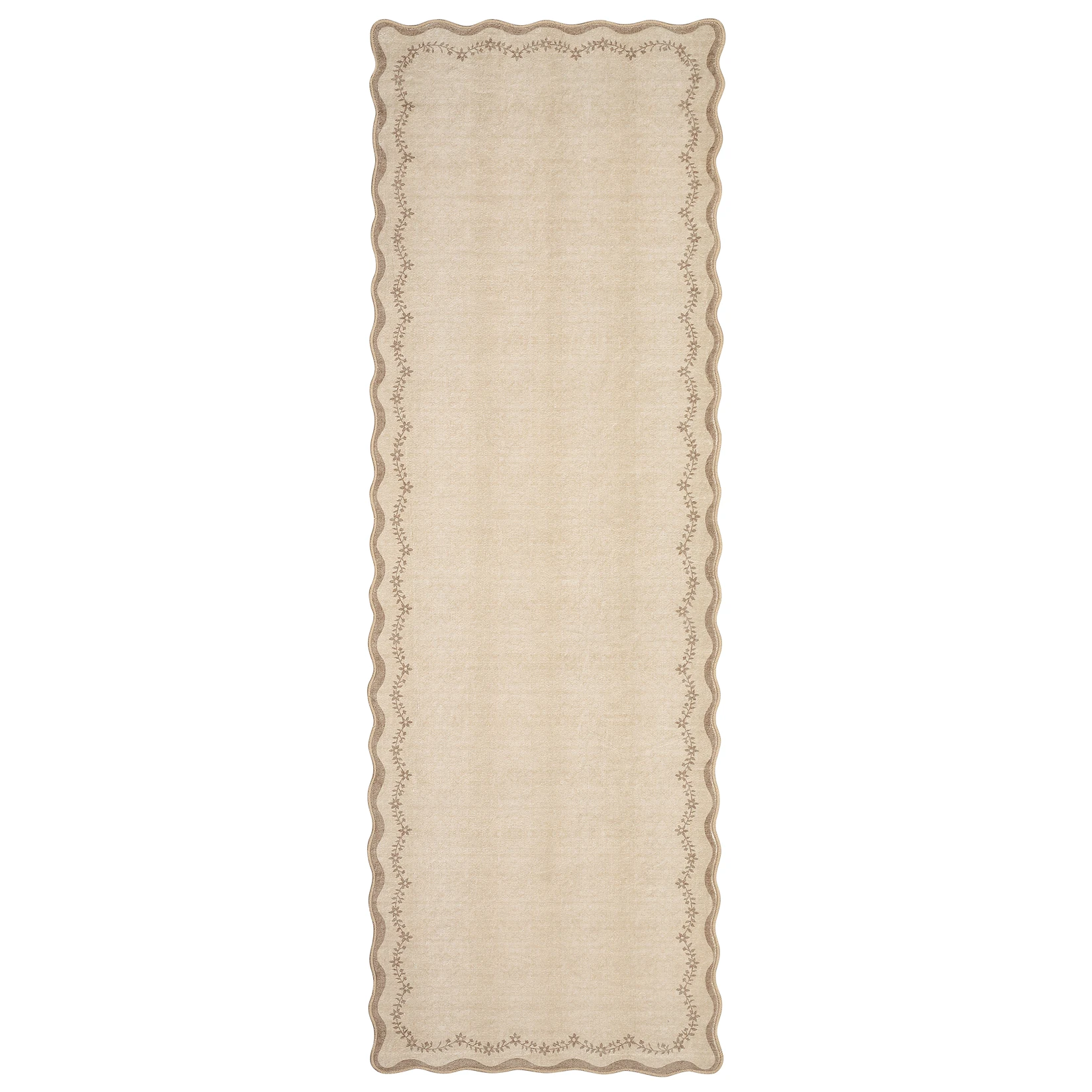 Tappeto con Bordo Ondulato - Moquette in Juta a Pelo Corto Lavabile - Tappetino Antiscivolo Morbido con Motivo Floreale per Soggiorno, Camera da Letto