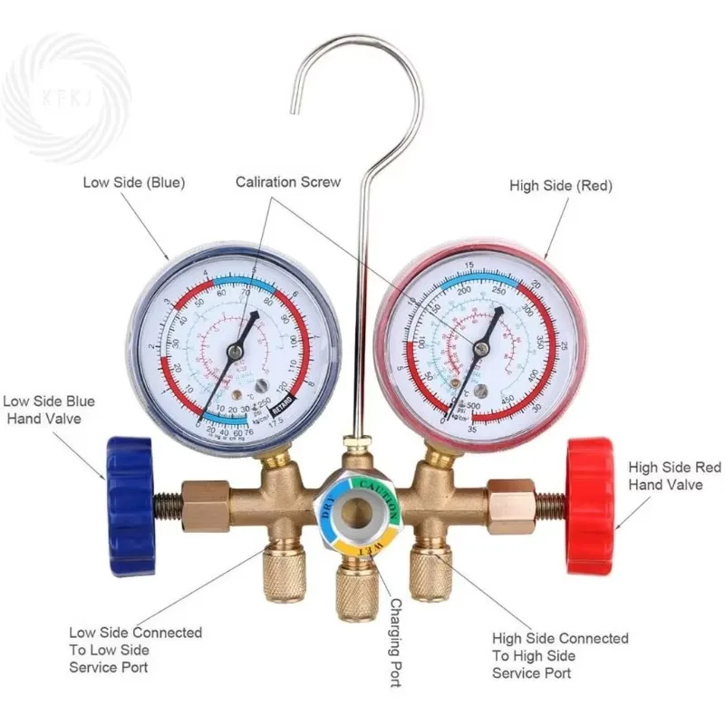 

Толстый набор 3-ходовых диагностических манометров переменного тока Freon R12 R22 R404A R134a Манометр для кондиционирования воздуха со шлангом и крючком