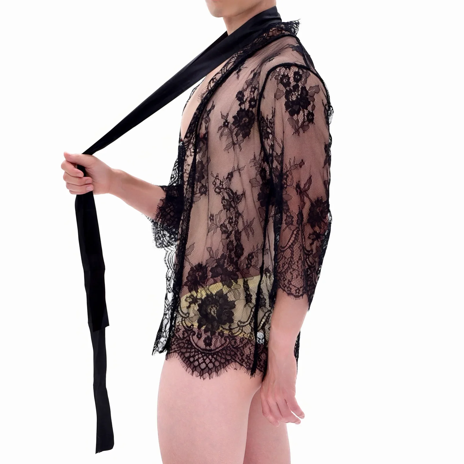 Men\'s Sexy Nightdresses Lace Sheer Pajamas V-Neck Tulle Cardigan Erotic Lingerie Robe for Men Women Erotic Nightwear Nightgown