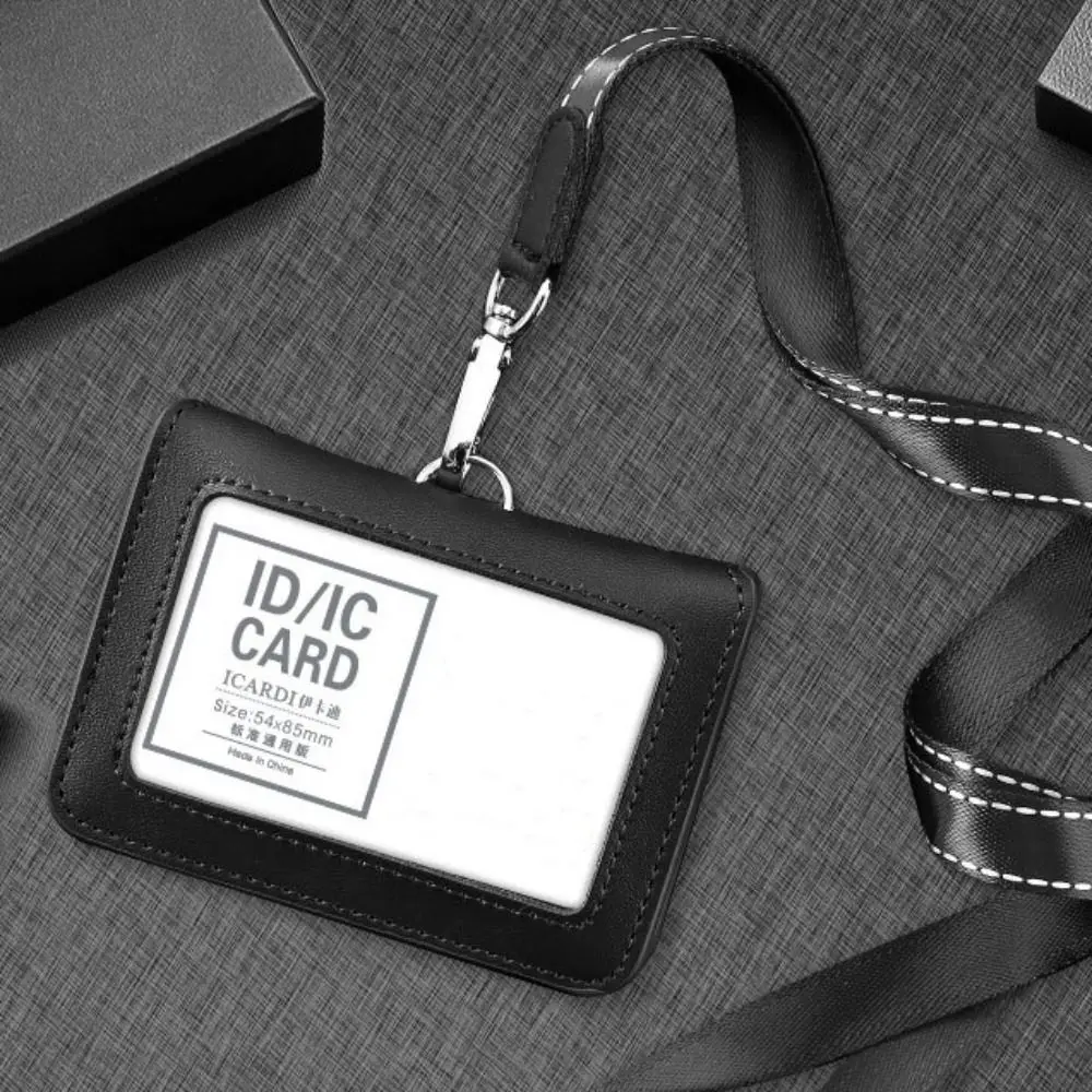Double-Sided Leather Card Cover With Neck Strap Badge Clip ID Card Holder Card Case Clear Leather Badge Holder Work Bank Card