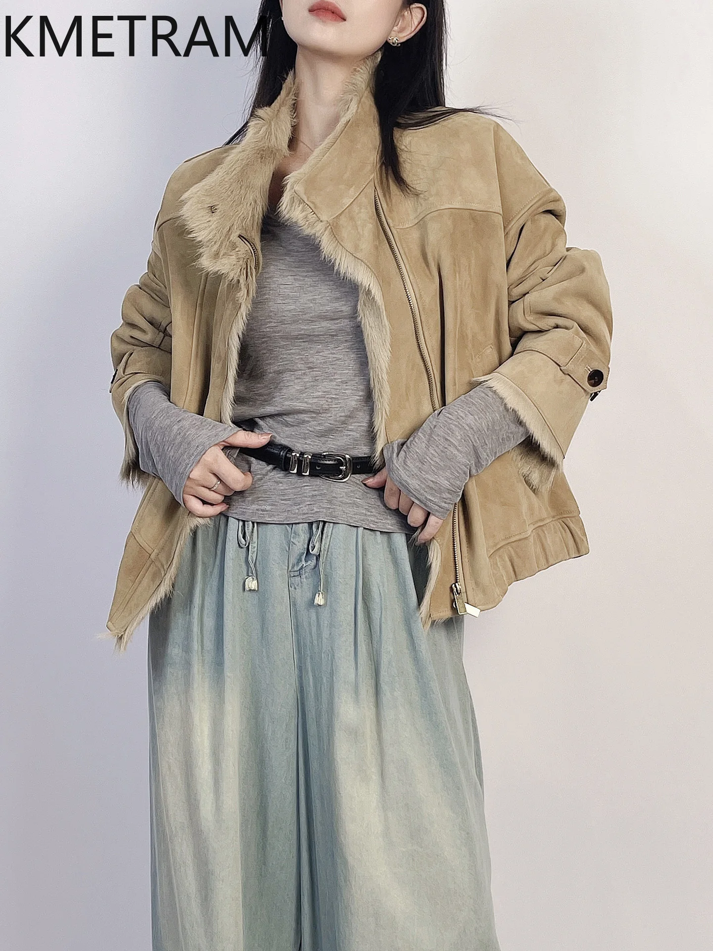 معطف KMETRAM من جلد الماعز الطبيعي مع معطف مرفق من الصوف سترة قصيرة غير رسمية من الفرو الحقيقي ملابس نسائية شتوية جديدة في معاطف شبابية نسائية #2
