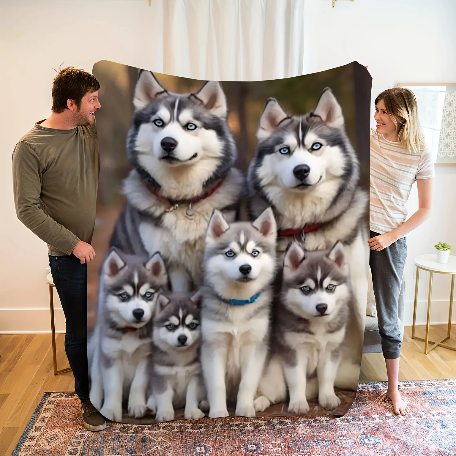 Cozy Husky Family Flannel Blanket – Soft & Warm Siberian Husky Print with Adorable Puppies, Perfect for Bedroom or Sofa Decor, A
