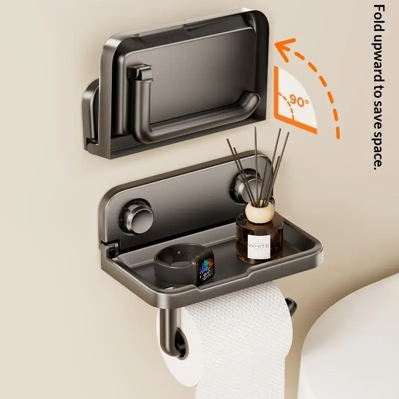 Bathroom Wall Mounted Storage Rack Foldable Stainless Steel Mobile Phone Holder Tissue Holder No Drilling Multi-Functional