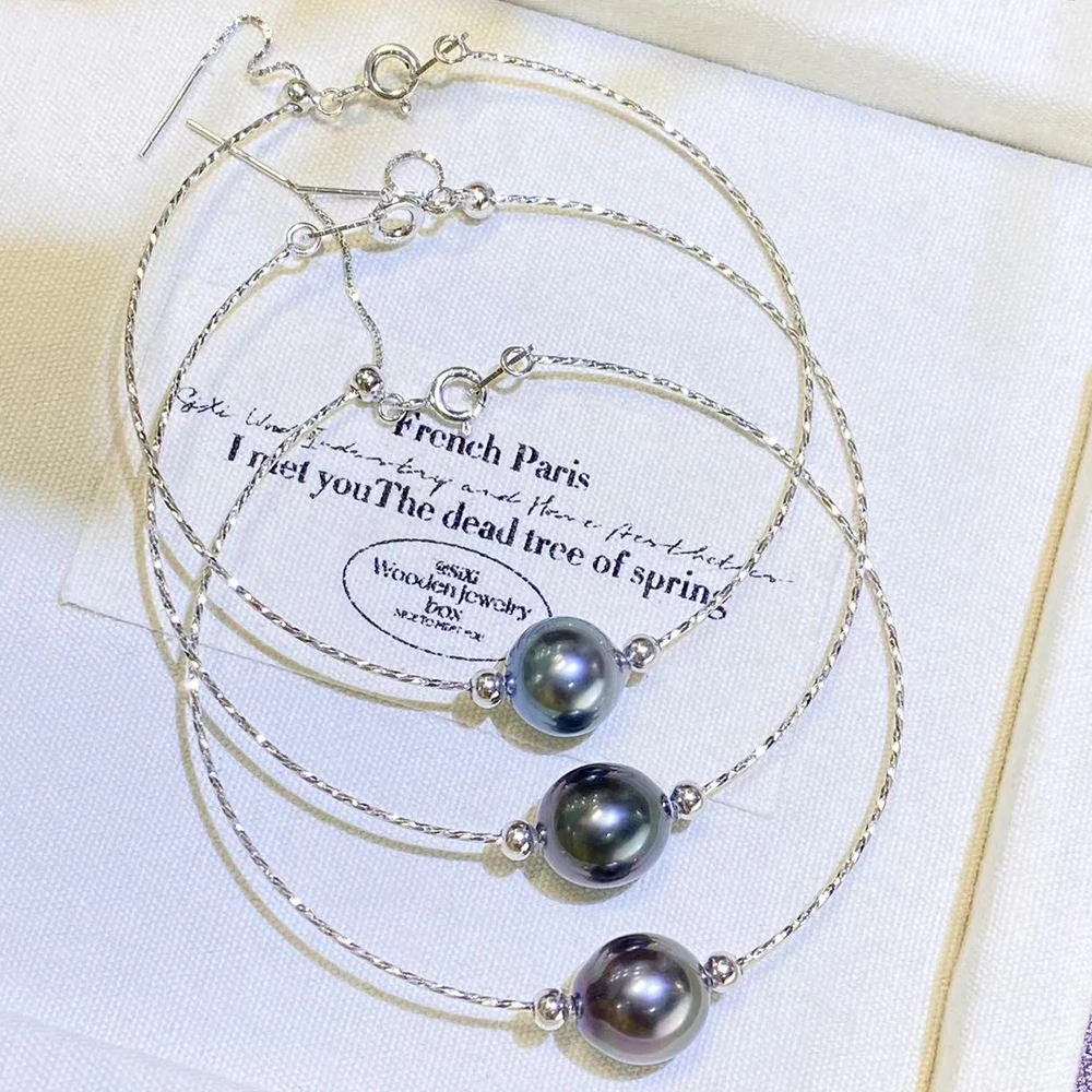Silver Shiny Elastic Ring Classic Fashion Through Hole Pearl Bracelet with 9-10mm Natural Mirror Surface Tahitian Black Pearl