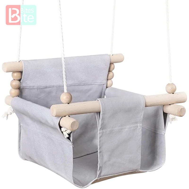 Baby Canvas Swing Chair Hanging Wood Children Kindergarten Toy Outside Indoor Small Basket Beige Swinging Rocking Chair Baby Toy