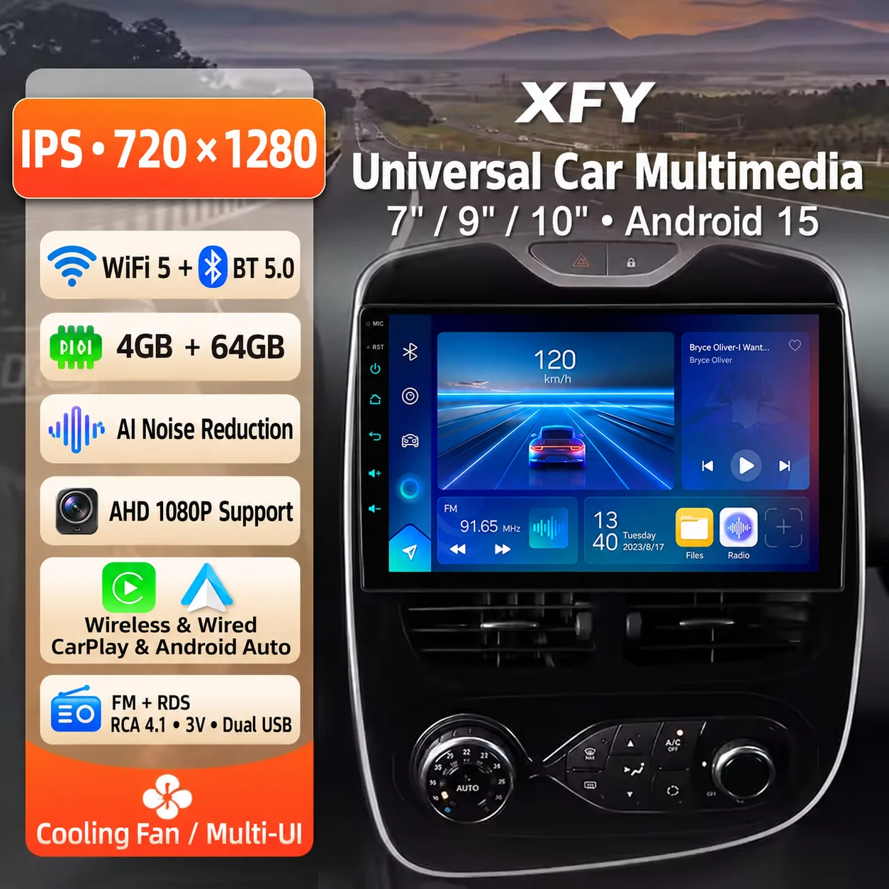 XFY 7/9/10 Inch HD IPS Car Head Unit 4GB RAM 64GB ROM Android 15 Wired & Wireless CarPlay Android Auto WiFi 5 BT 5.0 Cooling Fan
