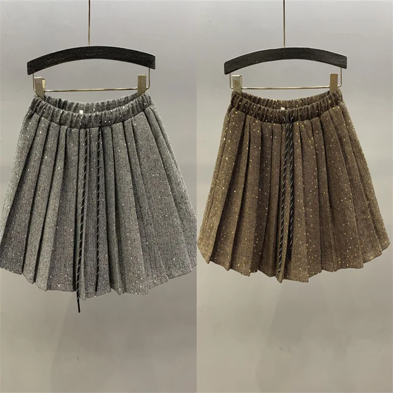 2-14 baby Girls sparkling sequin pleated skirt 2025 Spring Autumn teen kids drawstring elastic waist A-line short skirt clothes