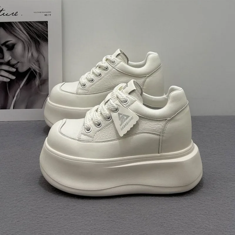Super High Platform White Sneakers, Lace Up Round Toe Hidden Wedge Skate Shoes,Minimalist Thick Sole Elevator Casual Board Shoes