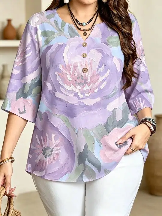Plus Size Women 3/4 Sleeve V‑Neck Blouse Oil Painting Floral Print Button Decoration Loose Casual Spring Fall Ladies Tops