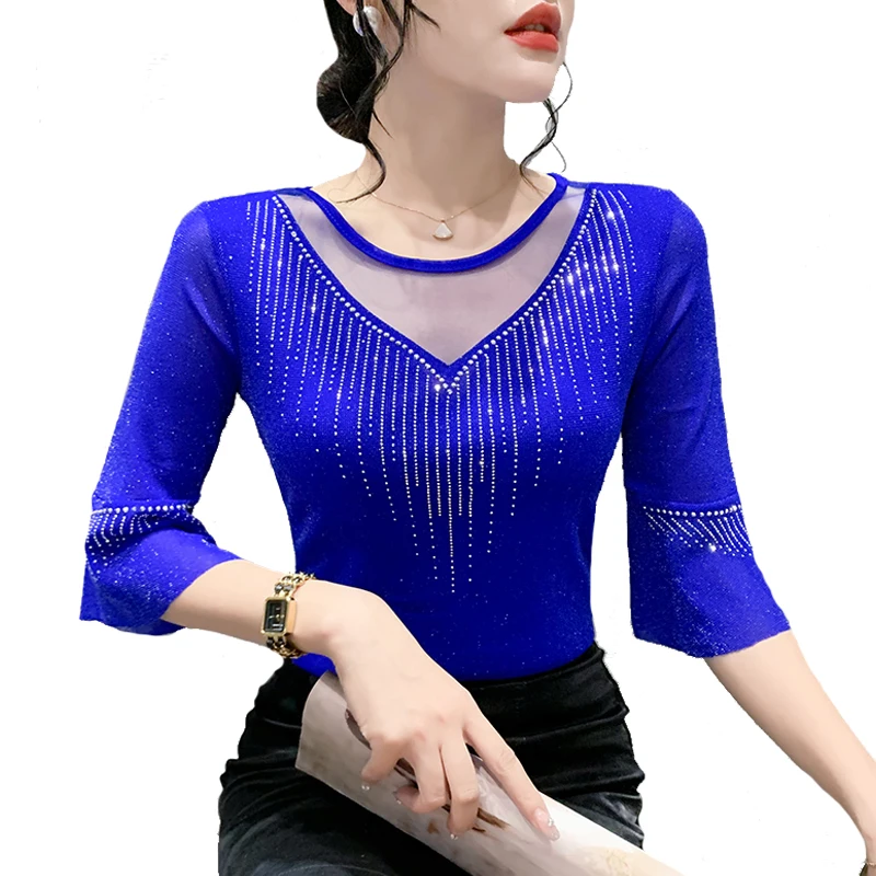 Sexy Patchwork Mesh T shirt Slim 3/4 Sleeve Summer Women's Top Hot drilling Casual Bright silk Women Shirt