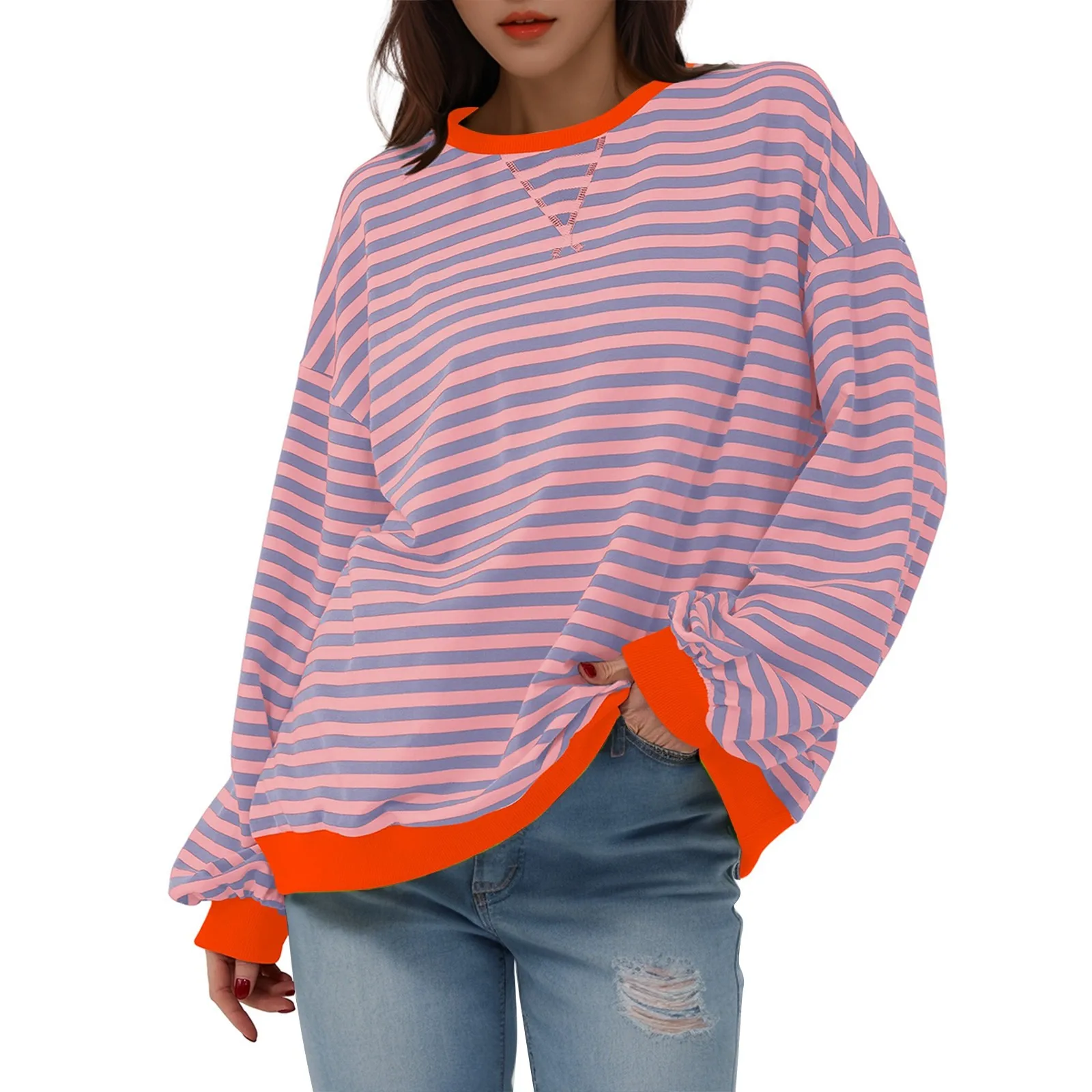 Women\'s Oversized Striped Color Blocking Long Sleeved Round Neck Sports Shirt Casual Loose Fitting Pullover Shirt Top