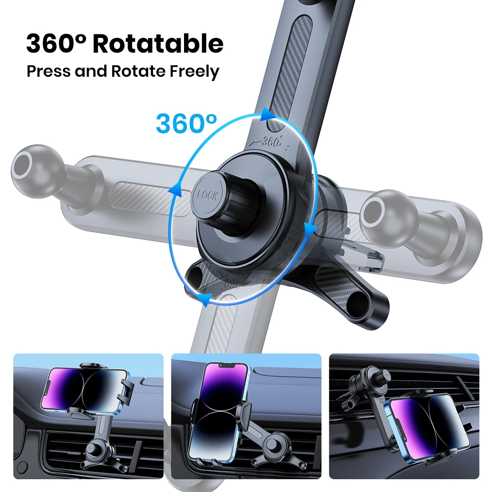 TOPK Car Phone Mount Holder, 3-Point Support 360° Rotating Extended Arm Metal Hook Superior Stability Phone Holder for Car Cars