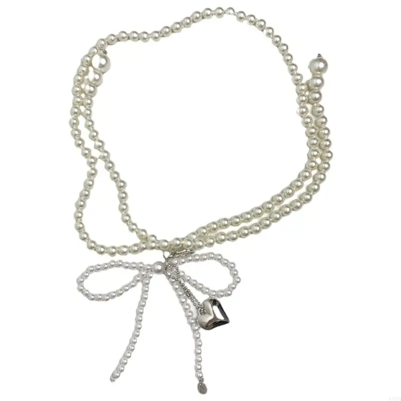 P88B Pearl Waist Chain Banquets Woman Bowknot&Dangle Heart Belt Delicate Body Chain