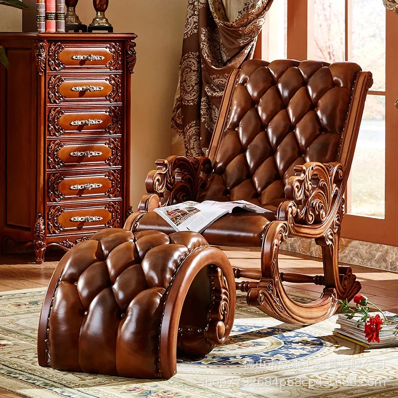 

.European Full Solid Wood Carving Flower Rocking Chair Light Luxury Luxury Balcony Home Leisure American Recliner Leather.