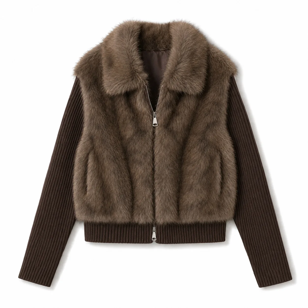 2026 Autumn Winter Women Imitation Fur Coat New Fashion Splicing Knitted Long-sleeved Lapel Zipper Short Jacket Female Outerwear