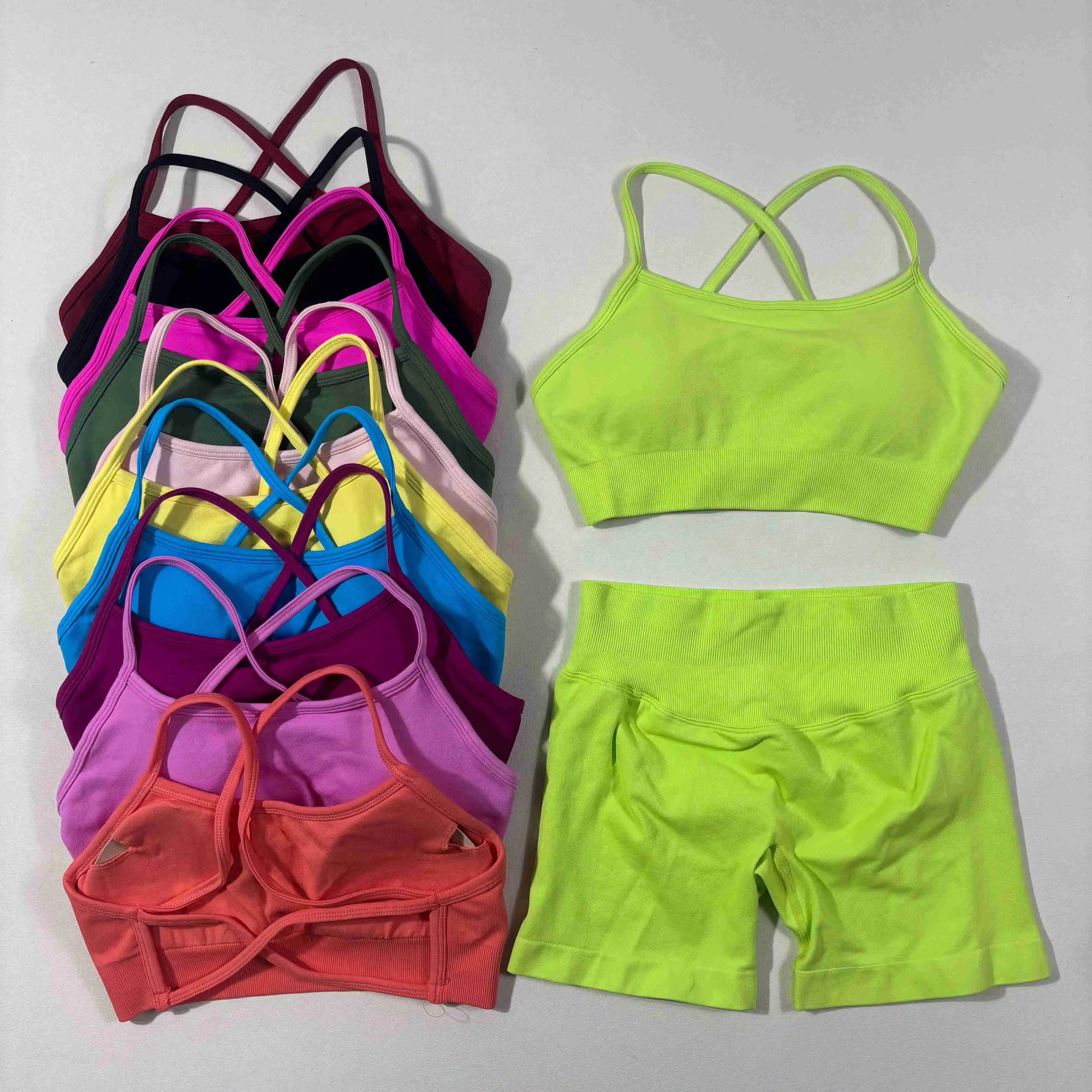 

UETEEY 2 Pieces Seamless Yoga Set Women Workout Scrunch Shorts Set Backless Sports Bra Fitness Top Gym Clothes Sportswear