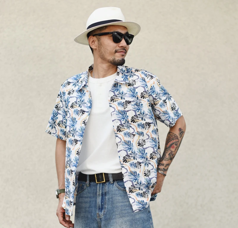 Sauce Zhan Aloha Shirt Hawaiian Shirt Men Summer Short Sleeve Cusual Shirt Sunshine Beach Streetwear foliage printf Loose Fit