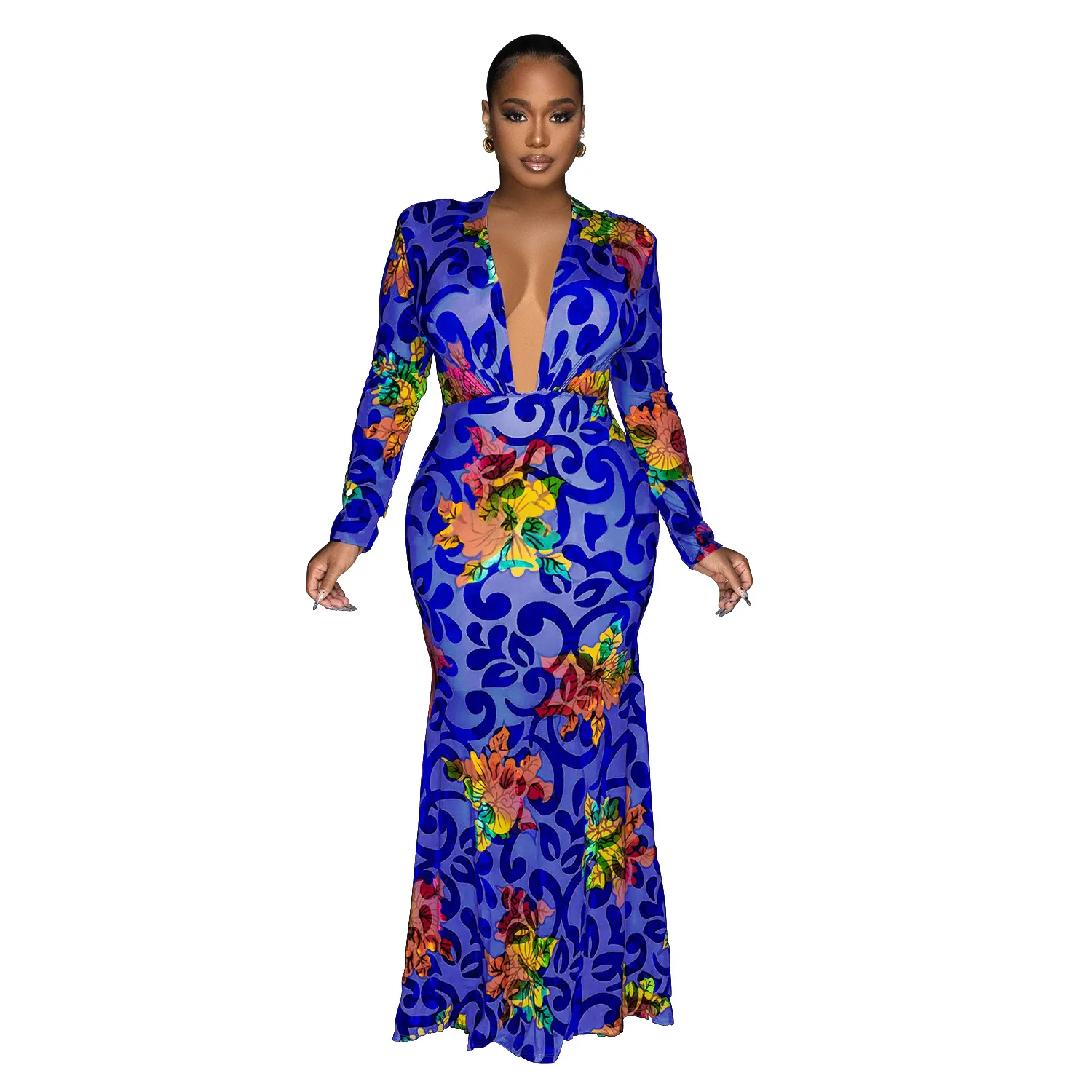 

African Print Dresses for Women Summer Sexy African Long Sleeve V-neck Polyester Long Dress Maxi Dress S-2XL African Dresses