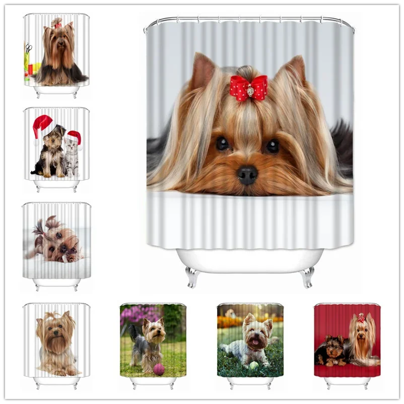 Lovely Yorkshire Terrier Shower Curtain Waterproof Bathroom Polyester Fabric Cute Dog Bathroom Curtain Home Decor with 12 Hooks