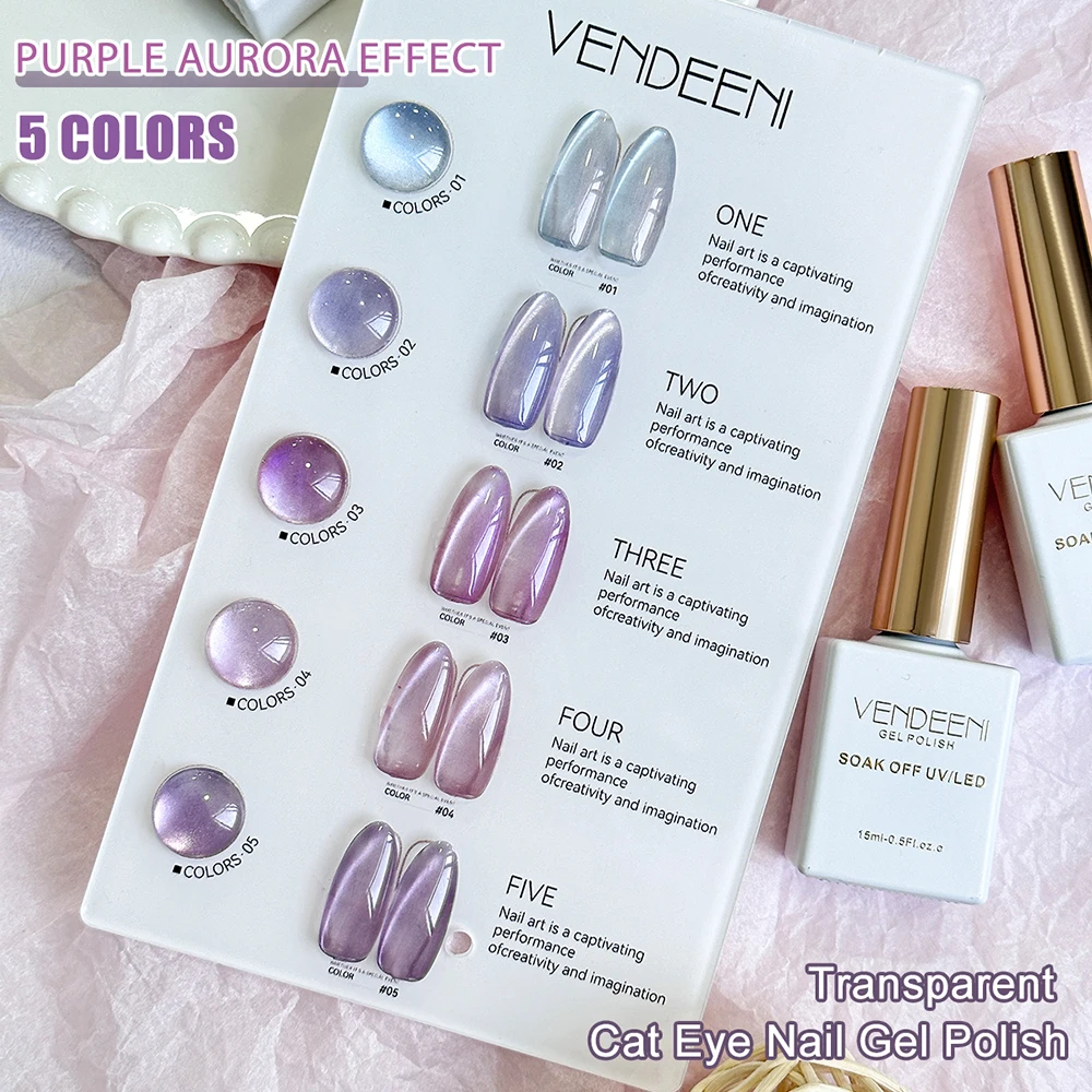 Vendeeni 5 Farben/Set Lila Katzenaugen-Gel-Nagellack Magnetischer UV-LED-Gel-Lack Aurora-Effekt Katzenaugen-Gel-Lack mit Display – Detail 8