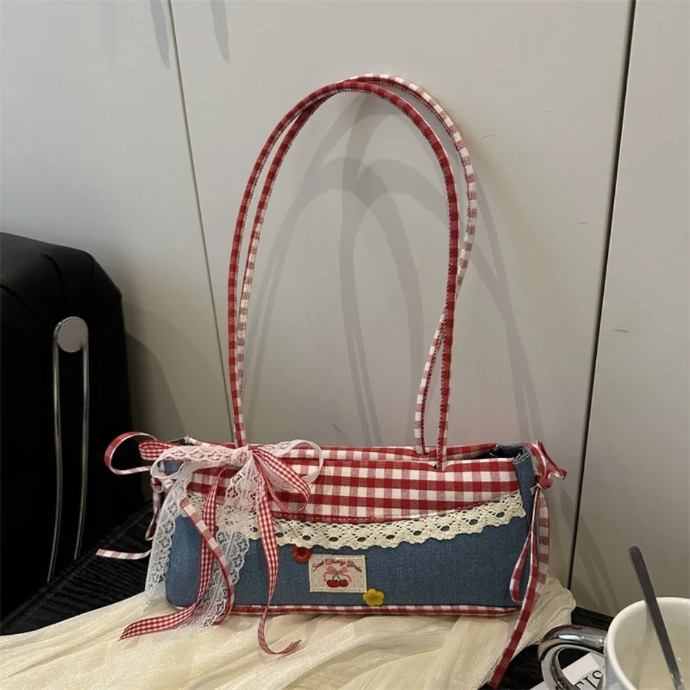 

New Lace Bow Shoulder Bag Texture Design Plaid Pattern Underarm Bag Red Tote Bag