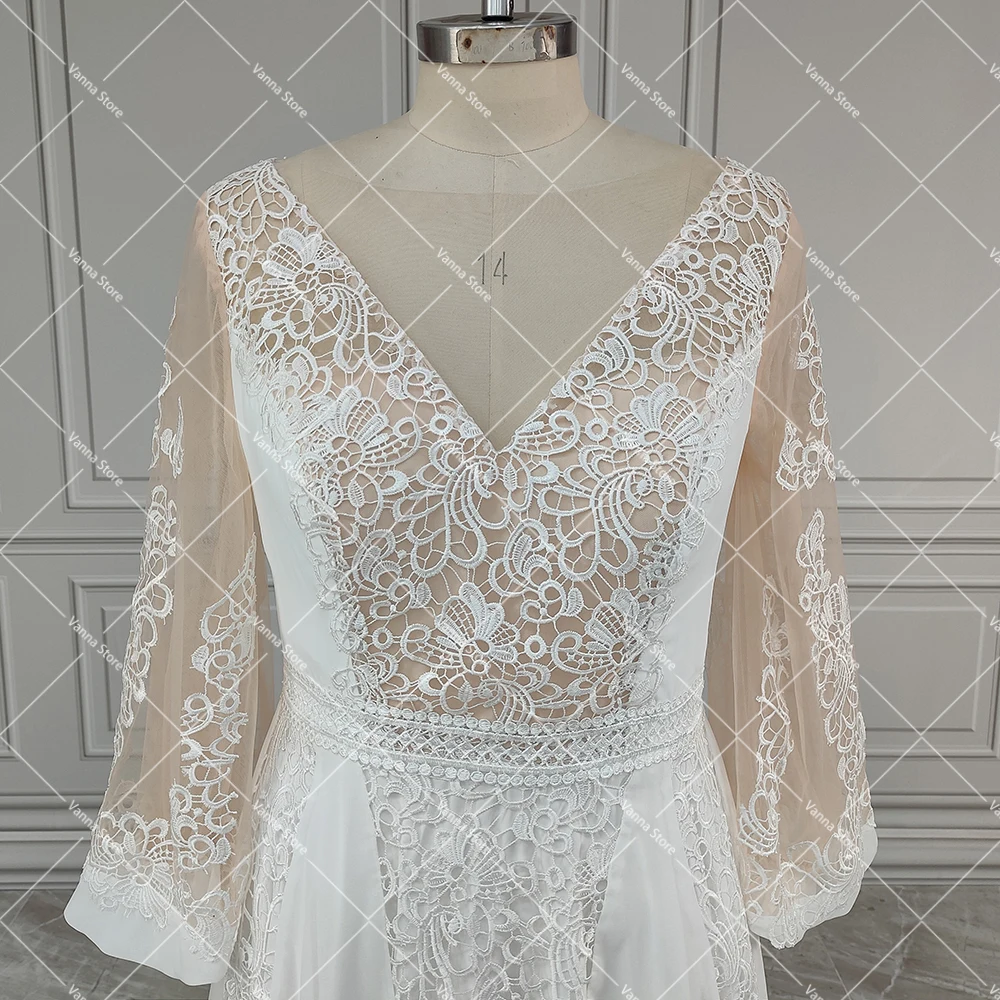 Vestido de encaje recortado, traje nupcial de playa medio obispo, mangas esponjosas con cuello en V, línea A personalizada, botones de tul transparente, para fiesta de boda