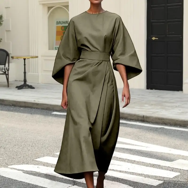Y3NE Elegant Sleeve Belt Dress Women's Fashion Elegant Solid Color Waist Dress Casual Bat Sleeve Dress