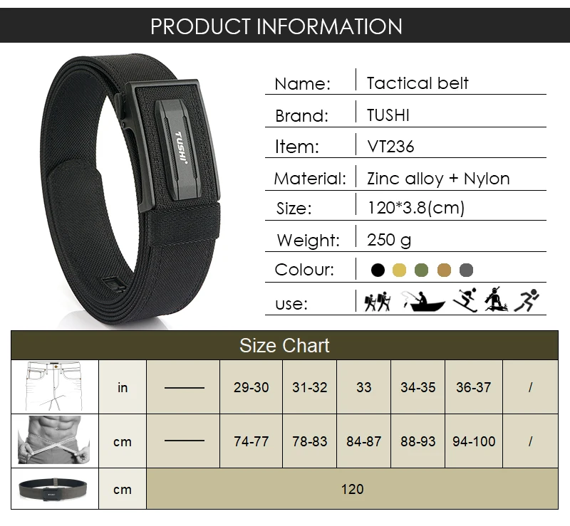 VATLTY Stylish Tactical Belt for Men Metal Automatic Buckle Tight Nylon Military Belt Stiff Work Belt Rigid Casual Girdle Male