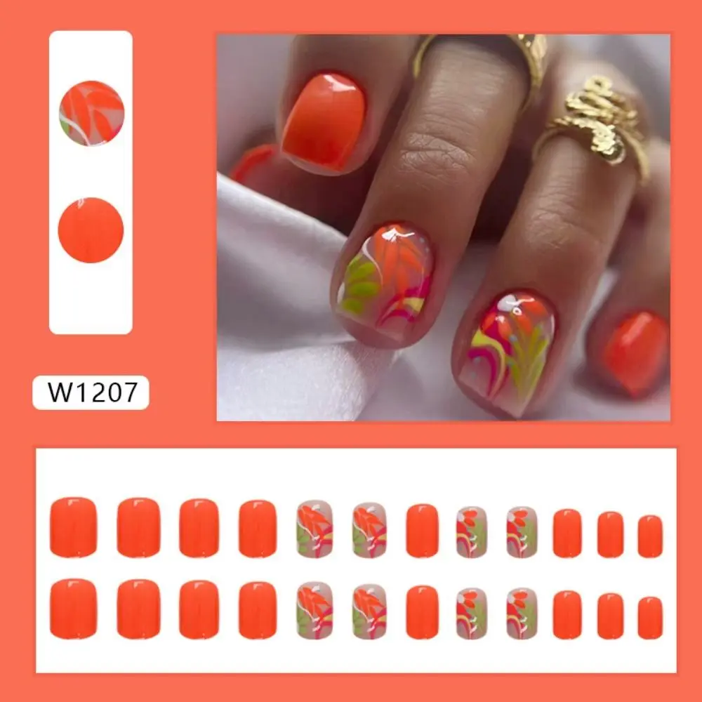 Detachable Short Round False Nails Wavy French Fake Nails Full Cover Flowers Nail Tips for Salon