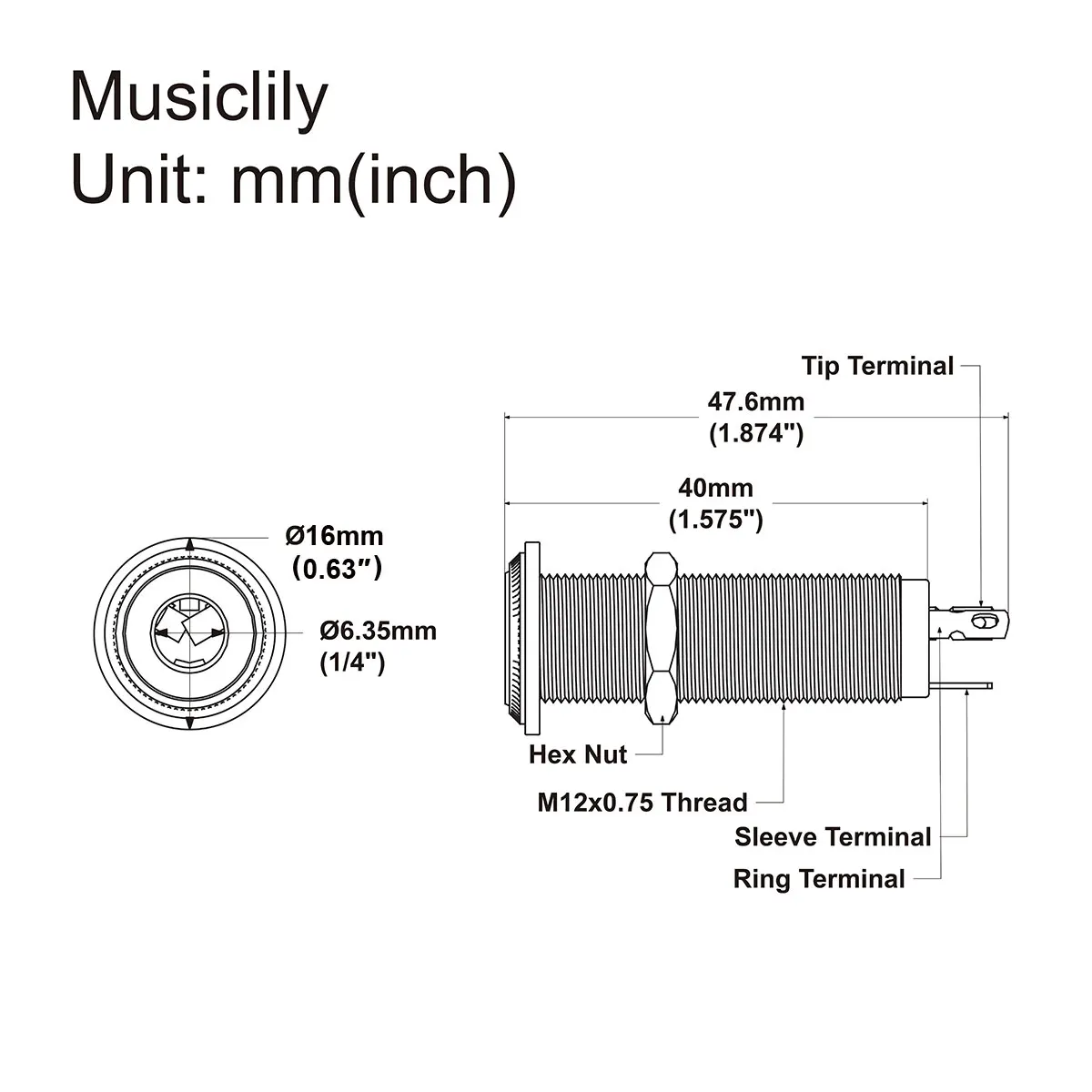 Musiclily Pro 1/4 inch 6.35mm Cylinder Mono Output Jack Socket for Electric Guitar Bass