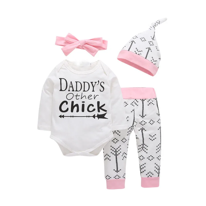 4PCS Sets Newborn Infant Baby Girl Clothes 2024 Fall Letter  Daddy\'s Other Chick Bodysuit+Love Arrow Pants+Hat+Headband