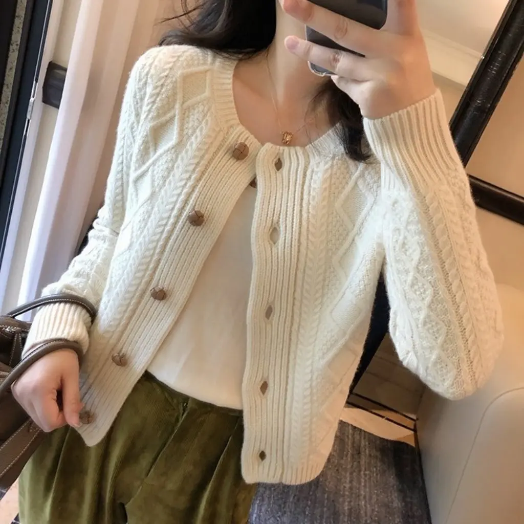 

Women's Korean Style round Neck Twist Sweater Pure Color Knitted Cardigan Japanese Autumn Fashion Outwear Elegant